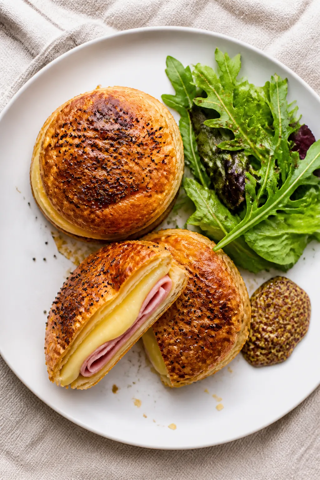 Final dish, tasty top view: Overhead shot of two ham and cheese puff pastry stacks plated on a matte