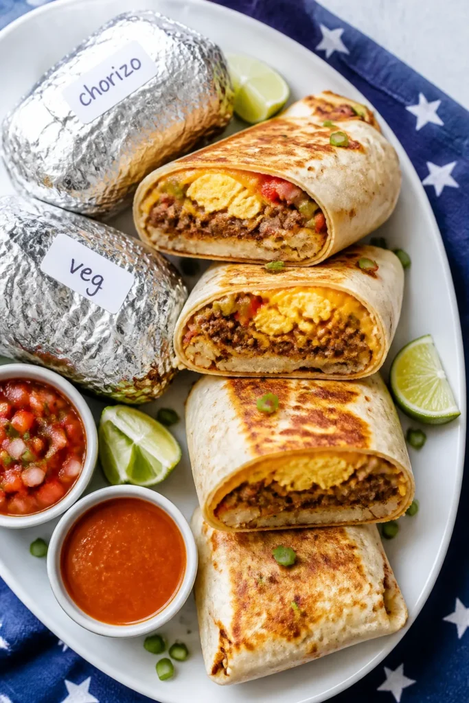 Final dish/top-down: Overhead shot of make-ahead breakfast burritos, one sliced on the bias to revea