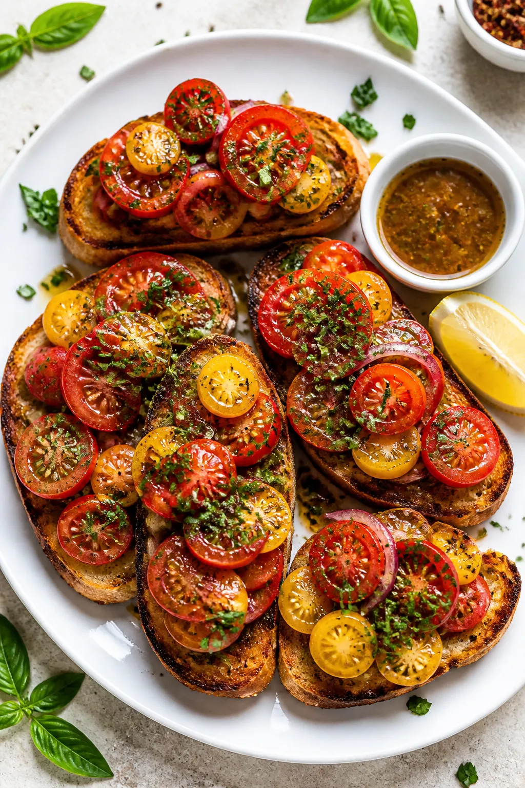 Final dish, top view: Overhead shot of a vibrant platter of marinated tomatoes layered on toasted ru