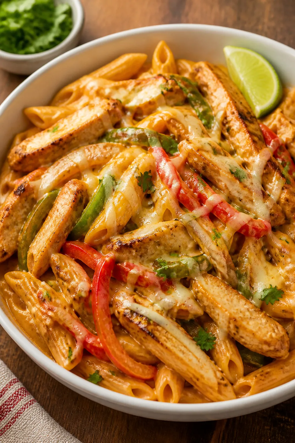 Final plated dish — Close-up detail of a restaurant-quality bowl of creamy chicken fajita pasta: h