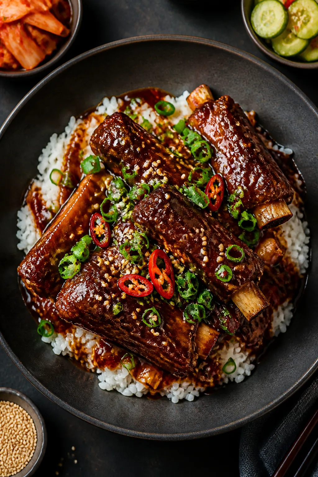 Final plated overhead hero: Overhead shot of Korean sweet and spicy soy braised short ribs glazed to