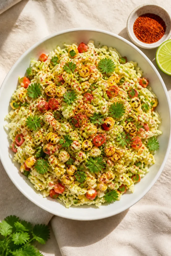 Final plated overhead: Overhead shot of Spicy Corn Slaw fully dressed and ready to serve—shredded