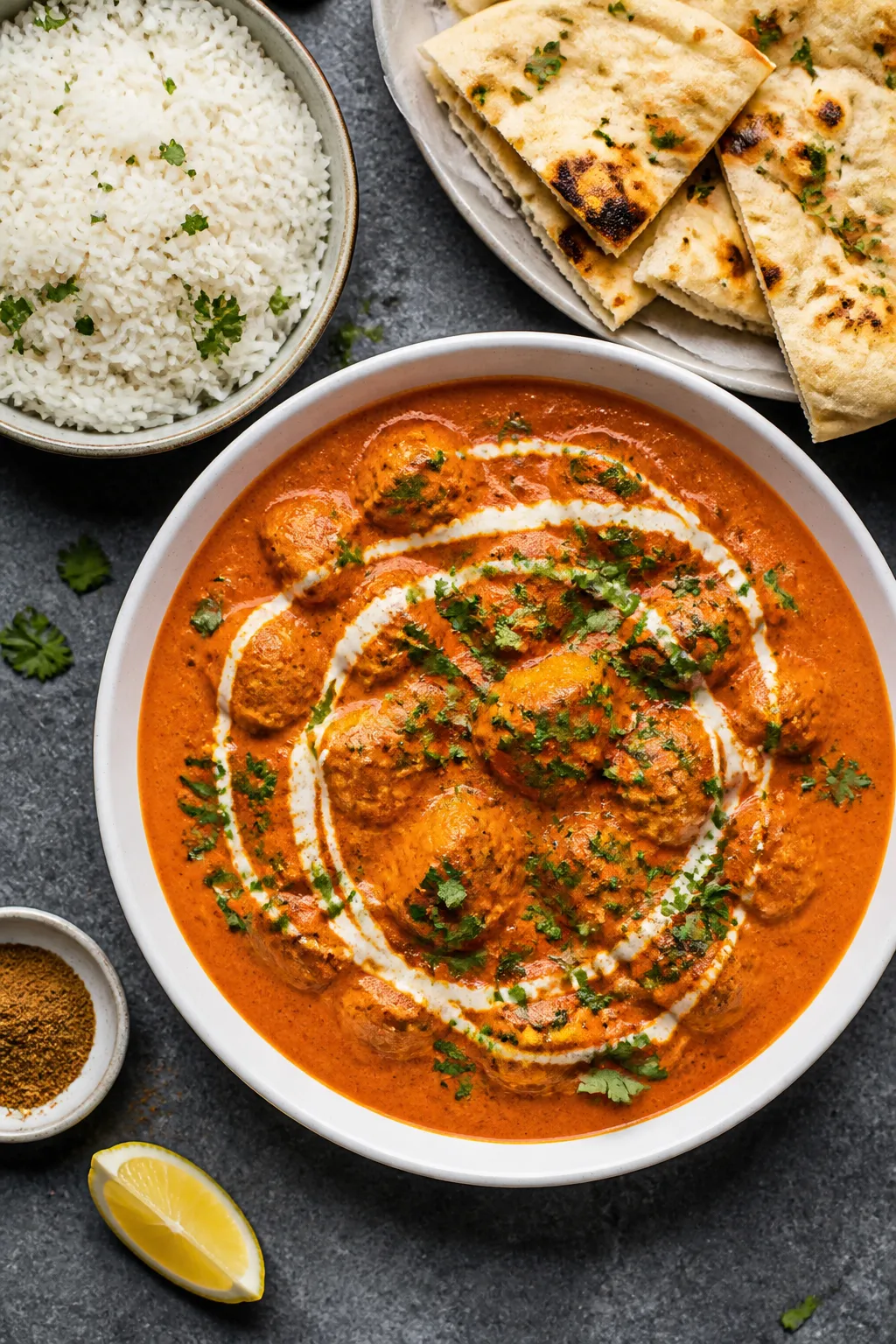 Final plated overhead: Restaurant-style chicken tikka masala served in a low wide white bowl, intens