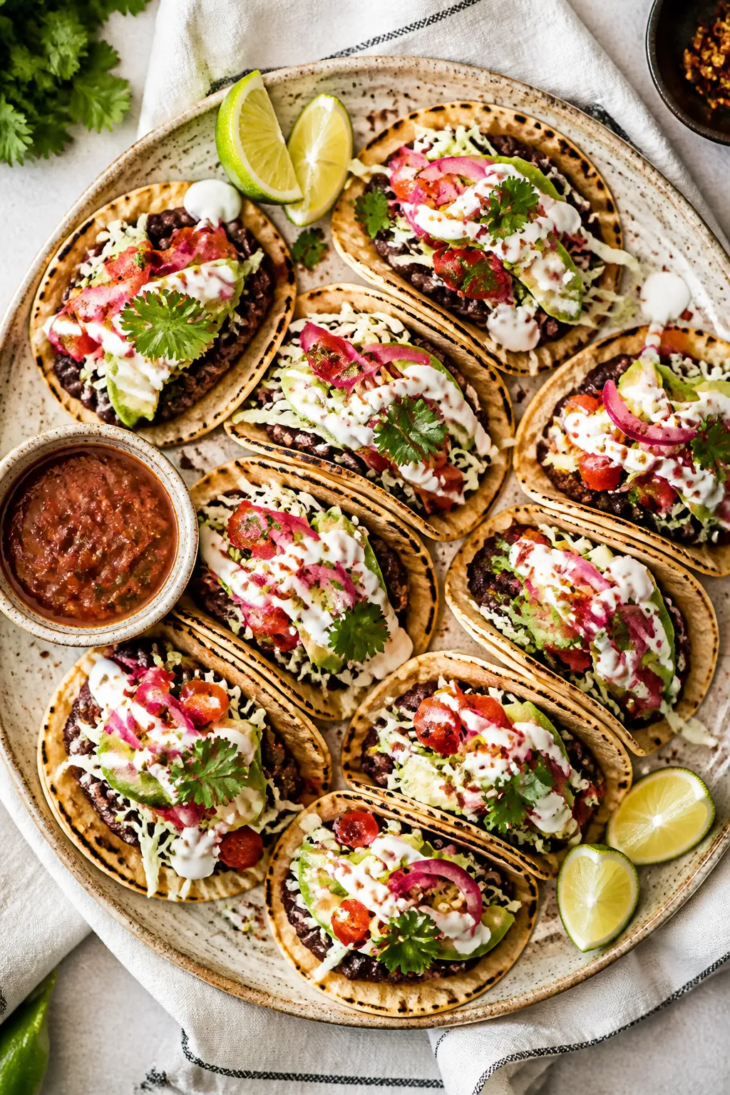Final plated overhead: Top-down shot of a rustic platter filled with neatly arranged vegan mini taco