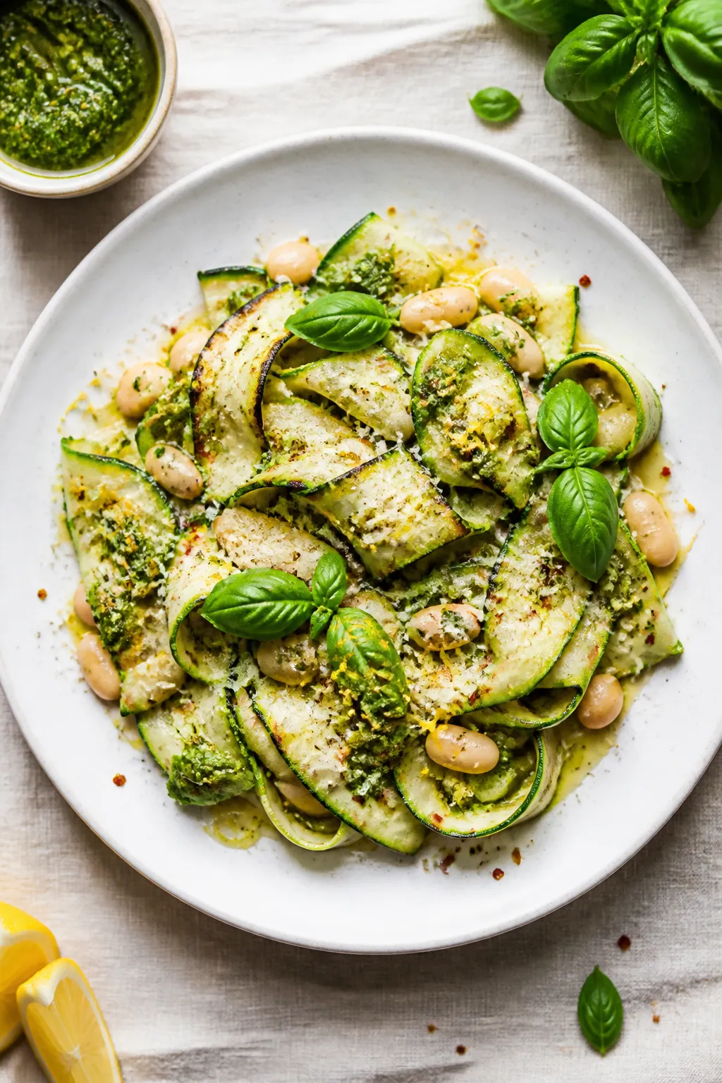 Final plated, top view: Overhead shot of Grilled Zucchini Ribbons with Pesto and White Beans artfull