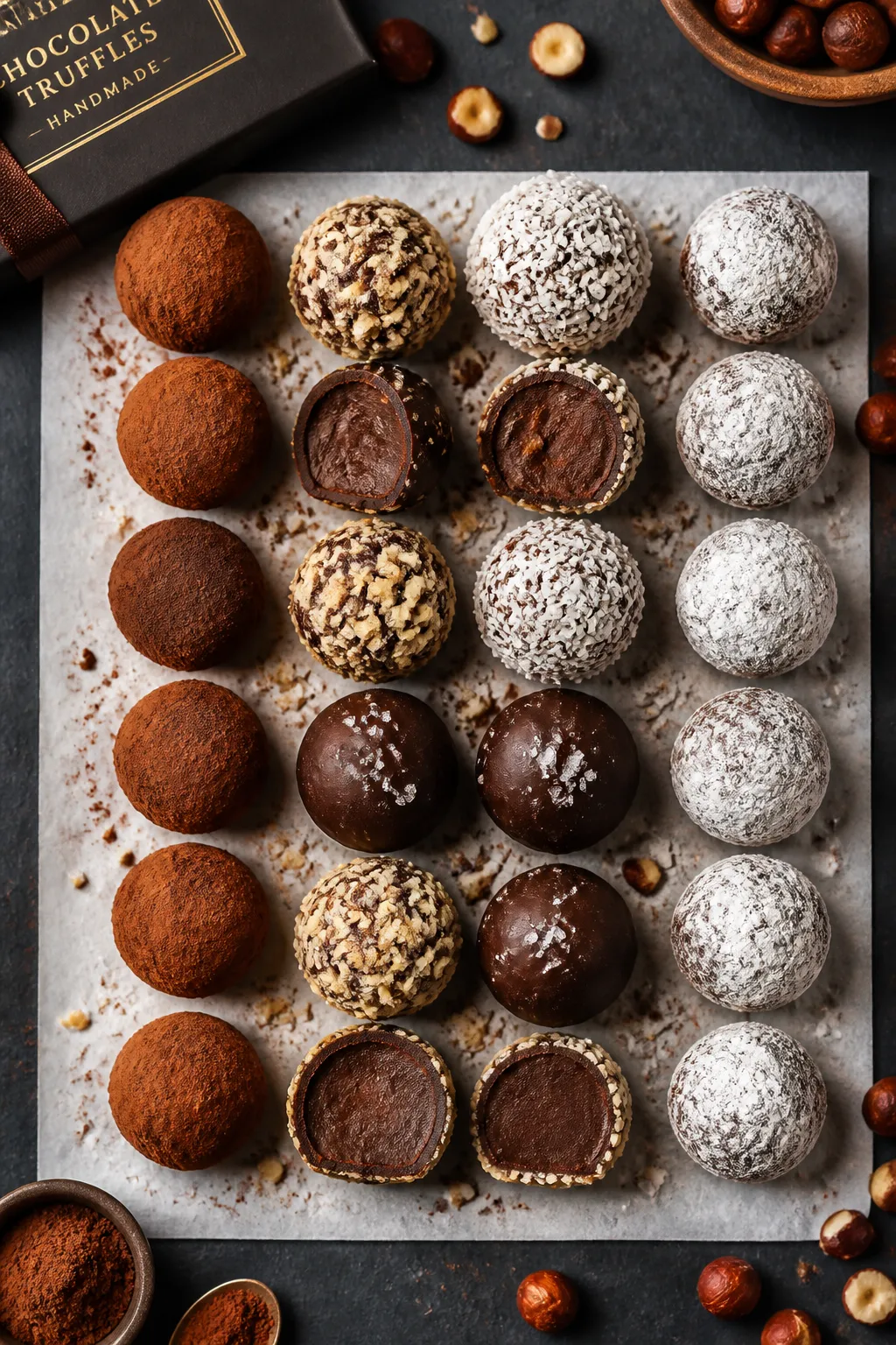 Final presentation overhead: Assorted homemade chocolate truffles arranged in a tight grid on parchm