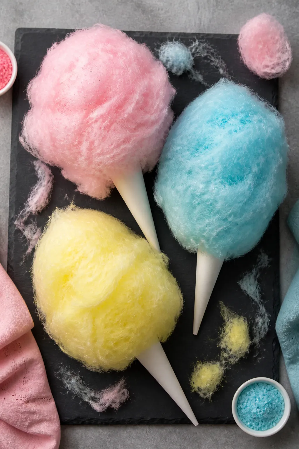 Final presentation overhead: Top-down shot of three fluffy cotton candy clouds—one classic pink va