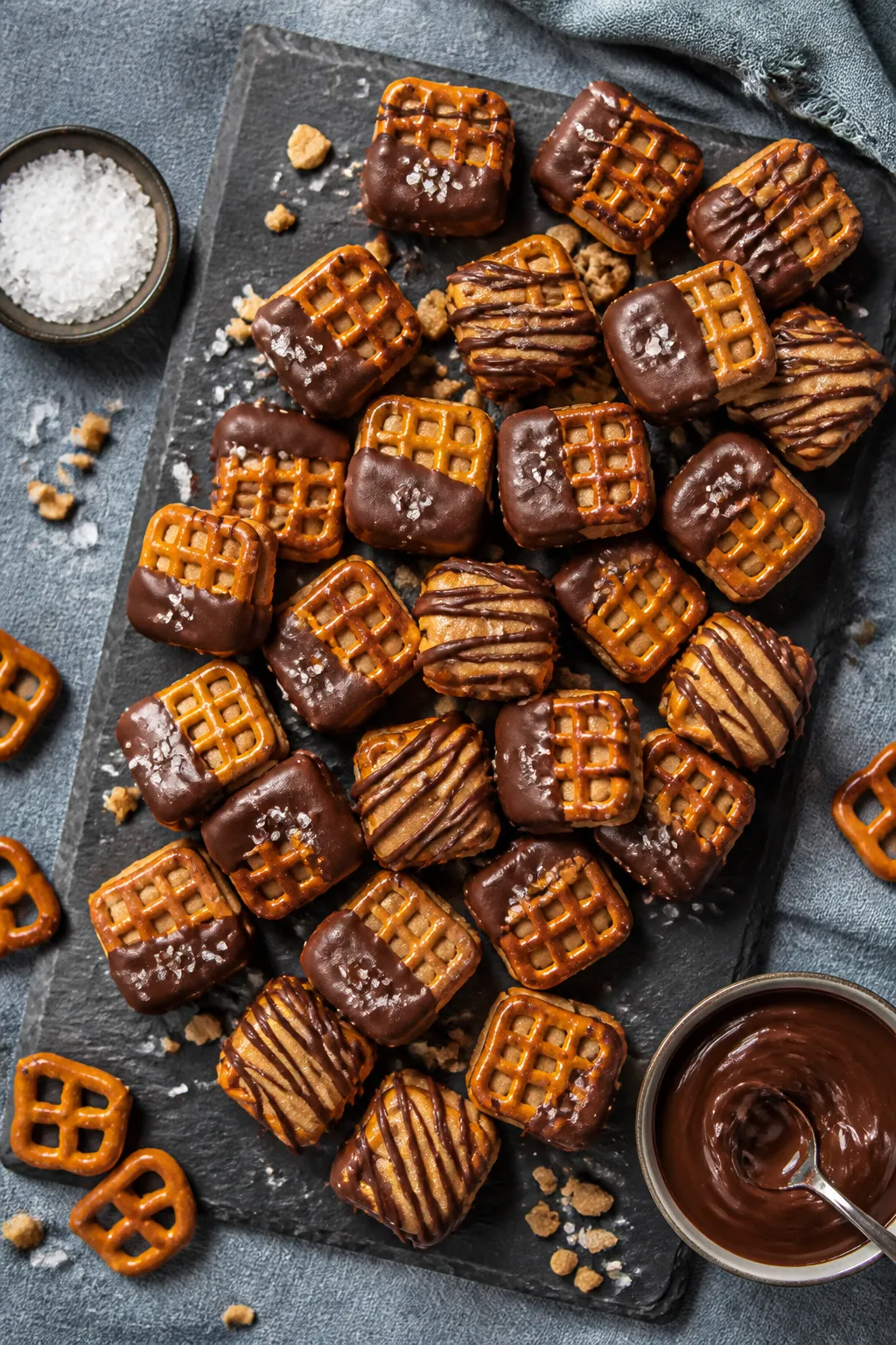 Overhead final presentation: A heaping slate board of finished Peanut Butter Pretzel Bites, neatly a