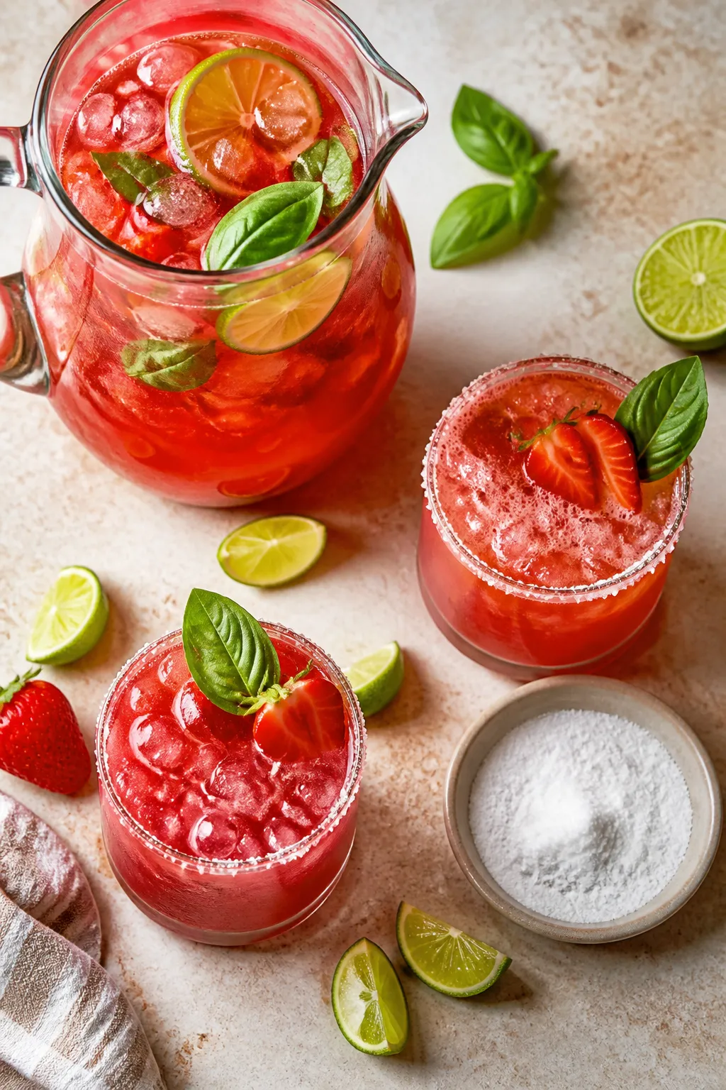 Overhead final presentation of a party-ready pitcher and three glasses of strawberry basil margarita