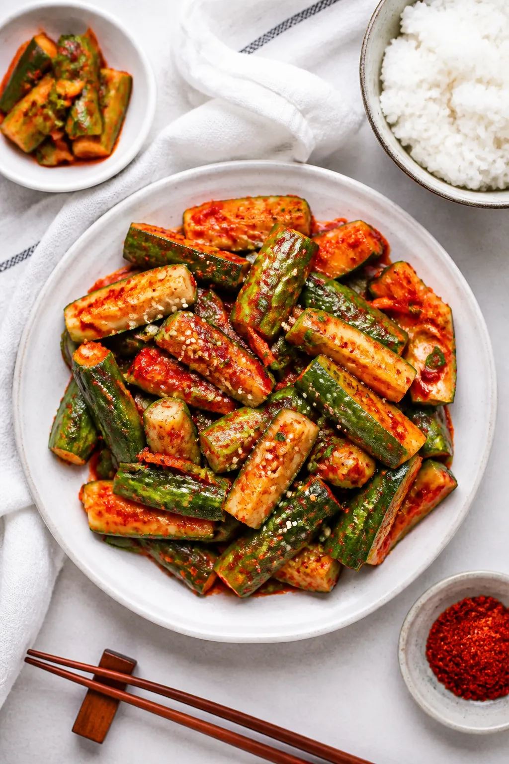 Overhead final presentation of cucumber kimchi plated for serving: a wide, top-down shot of a low, w
