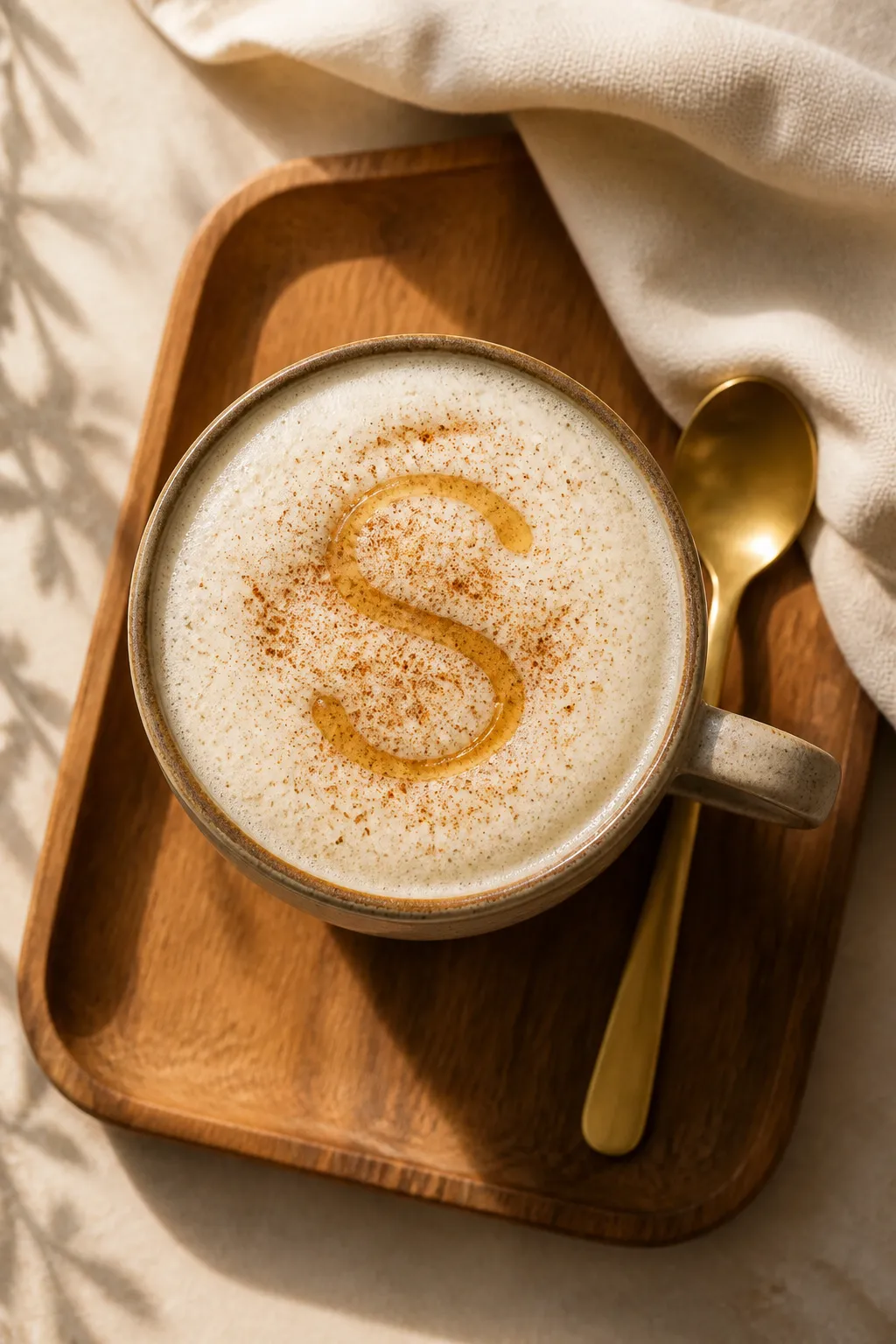 Overhead final presentation of the chamomile & honey sleepytime latte: a full, velvety foam cap with