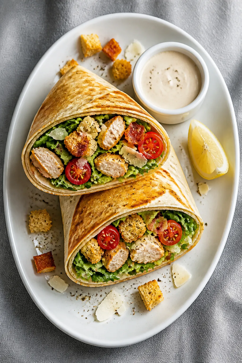 Overhead final presentation of two chicken Caesar salad wraps sliced and stacked slightly offset on
