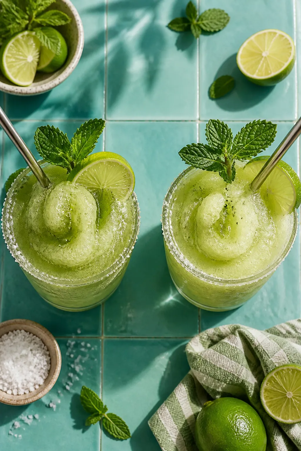 Overhead final presentation of two frozen mojito mocktails side by side, perfectly slushy and mound-