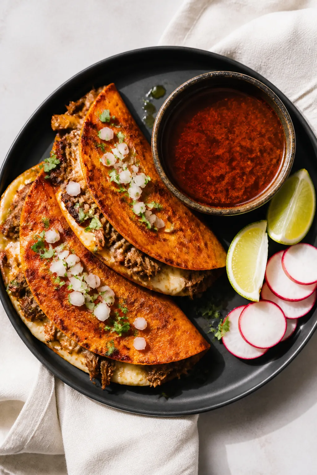 Overhead final presentation: Plated birria tacos (3 folded quesabirria) on a matte charcoal plate, e