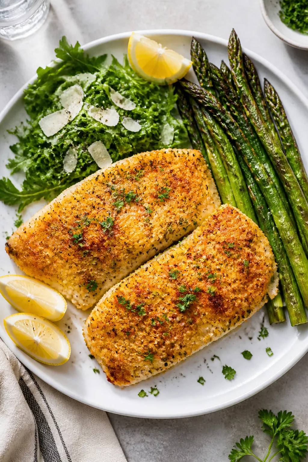 Overhead final presentation shot of plated parmesan-crusted tilapia: two fillets with a uniform, dee