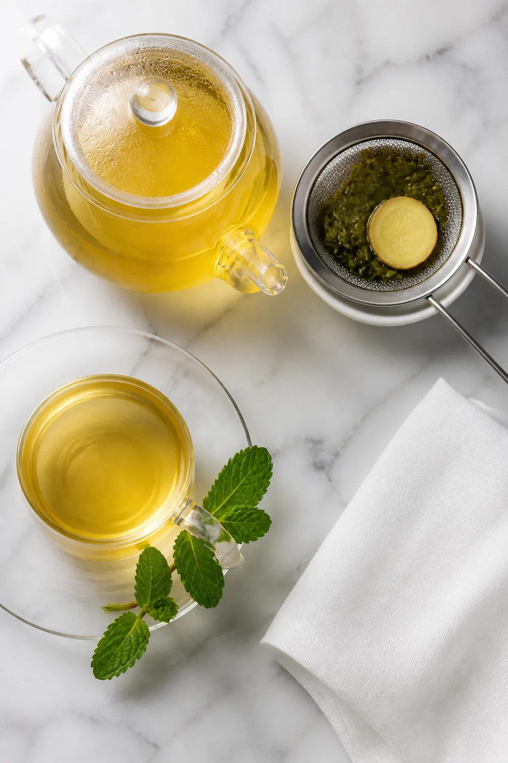 Overhead process shot of prepared lemon balm tea just after steeping and straining in a small glass