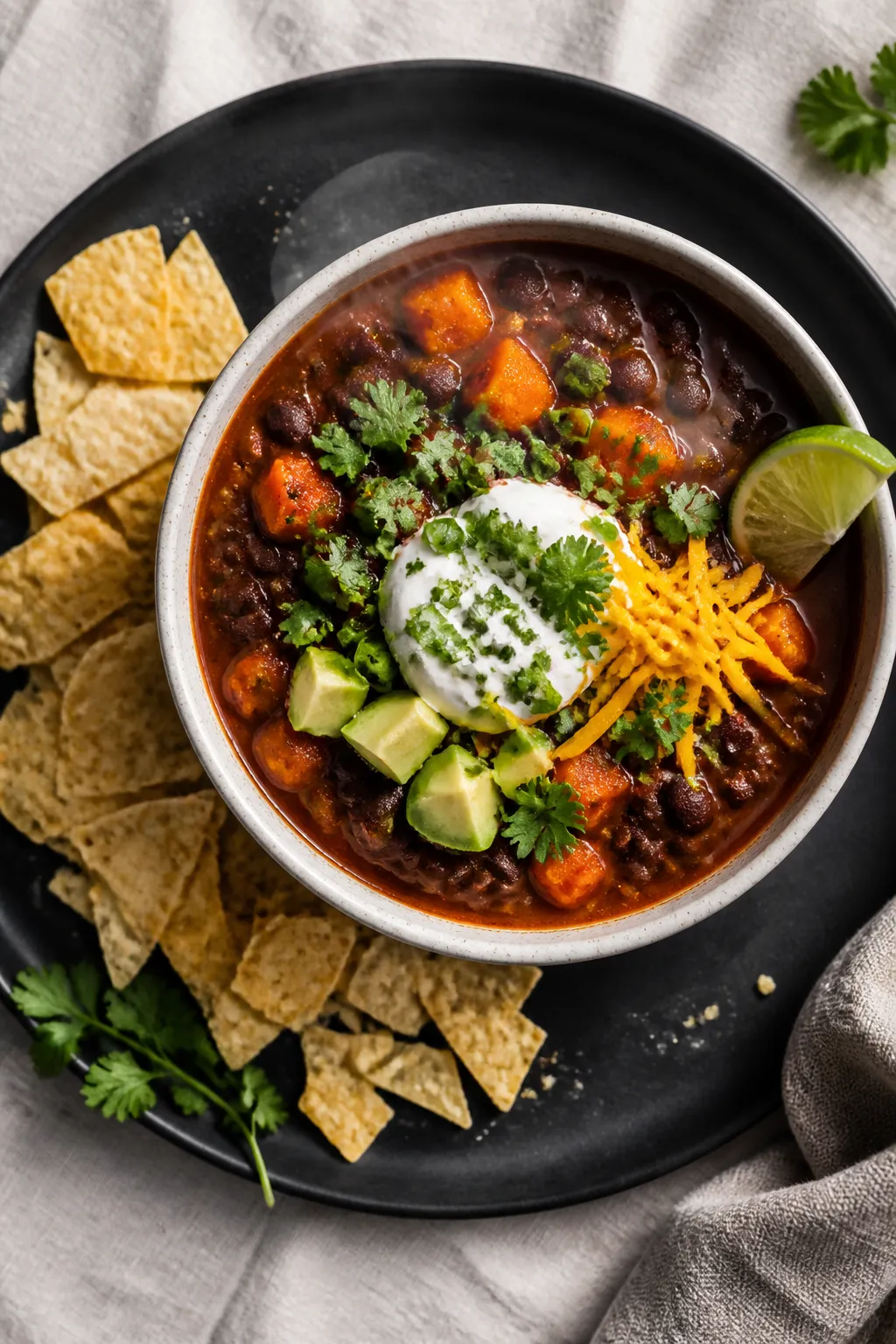 Overhead shot of a finished bowl of sweet potato black bean chili, rich brick-red broth with tender 