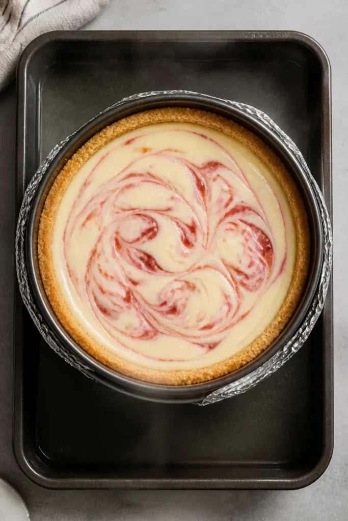Overhead shot of a freshly baked Strawberry Swirl Cheesecake still in the springform pan, resting in
