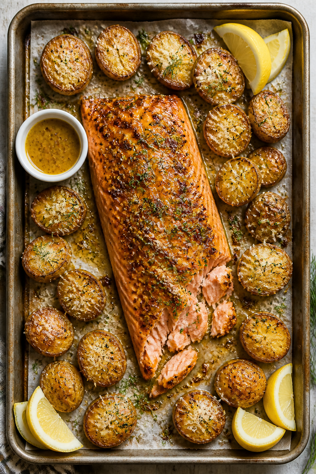 Overhead shot of a just-finished sheet pan: honey mustard–glazed salmon fillet centered, lacquered
