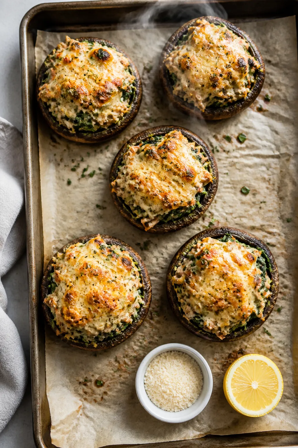 Overhead shot of chicken and spinach stuffed portabella mushrooms just out of the oven on a parchmen