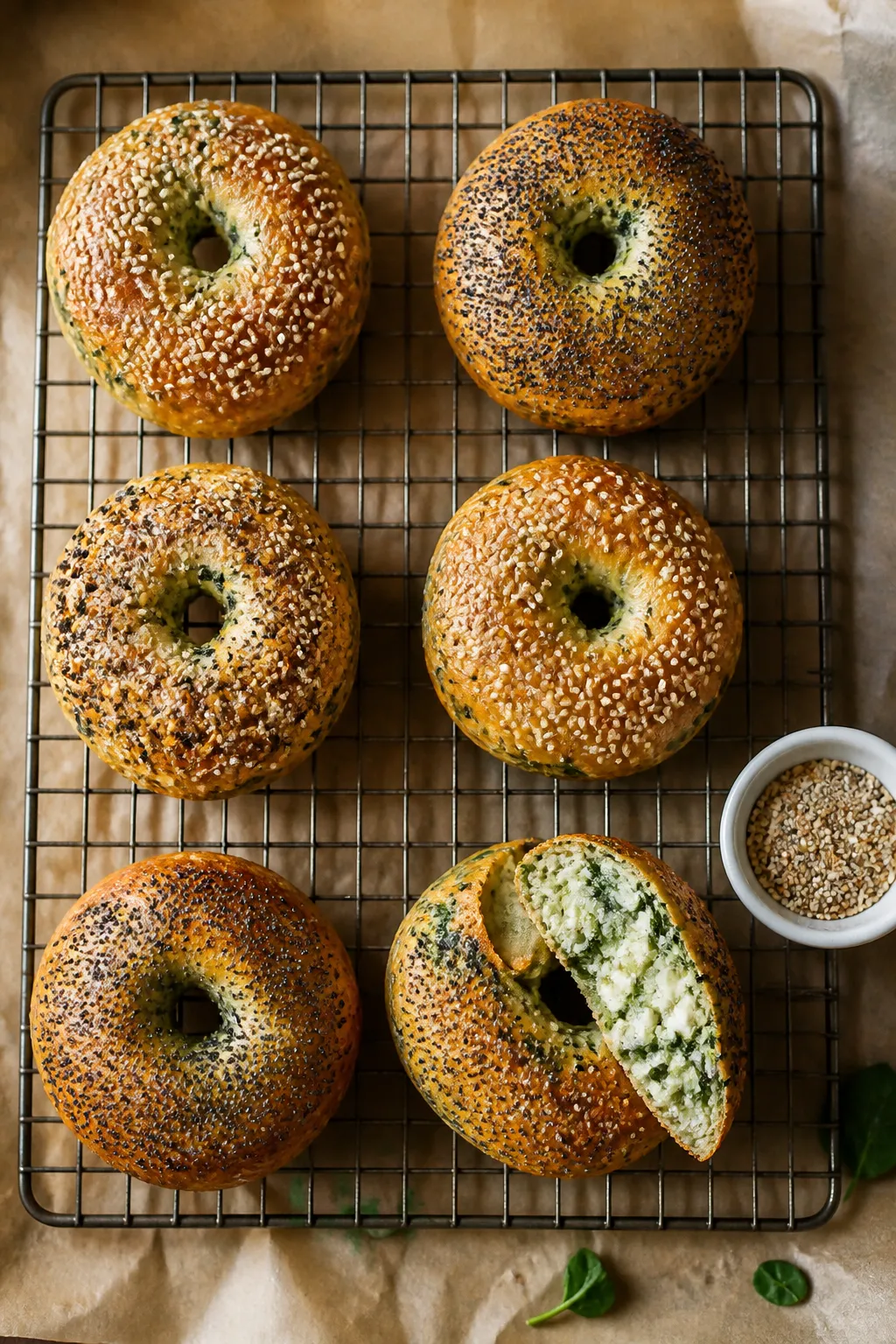 Overhead shot of freshly baked spinach cottage cheese flagels cooling on a wire rack, golden-brown w