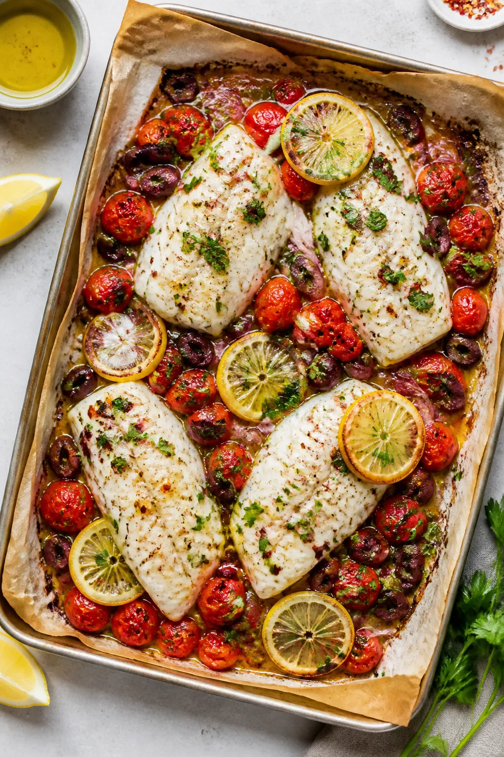 Overhead shot of Mediterranean baked white fish just out of the oven on a parchment-lined sheet pan: