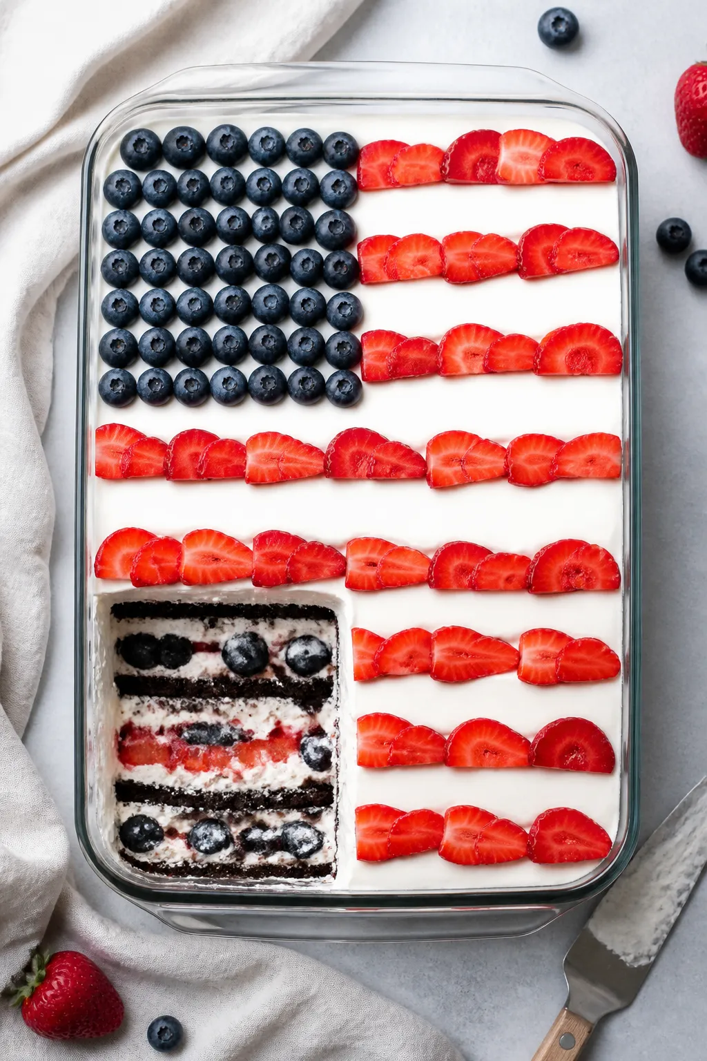 Overhead shot of the assembled, chilled Red White Blue Oreo Icebox Cake in a 9x13 dish, clean slices