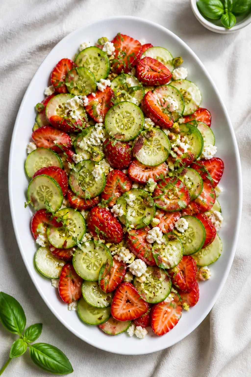 Overhead shot of the finished Strawberry and Cucumber Salad with Fresh Basil on a wide, shallow whit