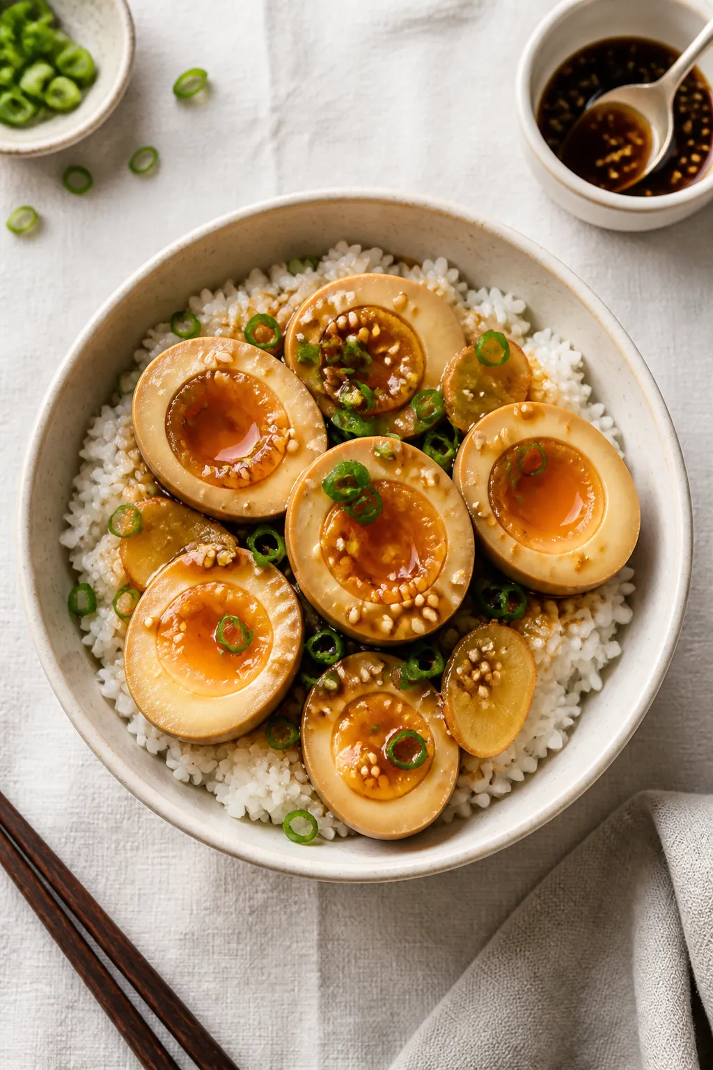 Tasty top view (final dish): Overhead shot of a warm rice bowl topped with halved Korean soy-marinat