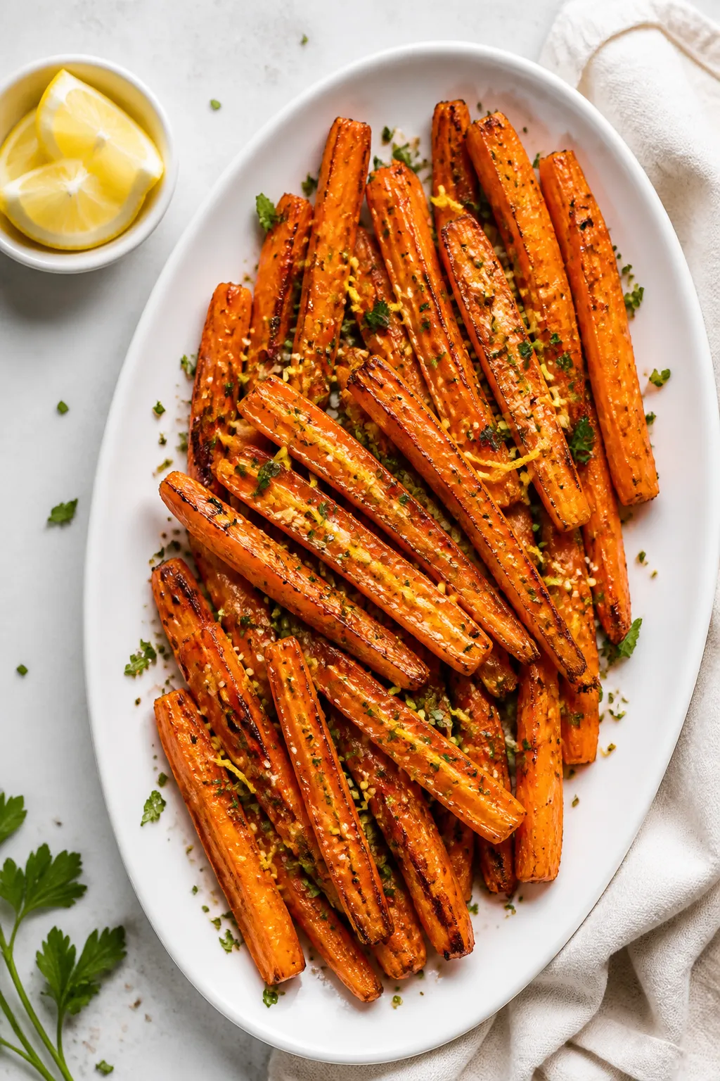 Tasty top view, final presentation: Overhead shot of beautifully plated Ginger Roasted Carrots arran