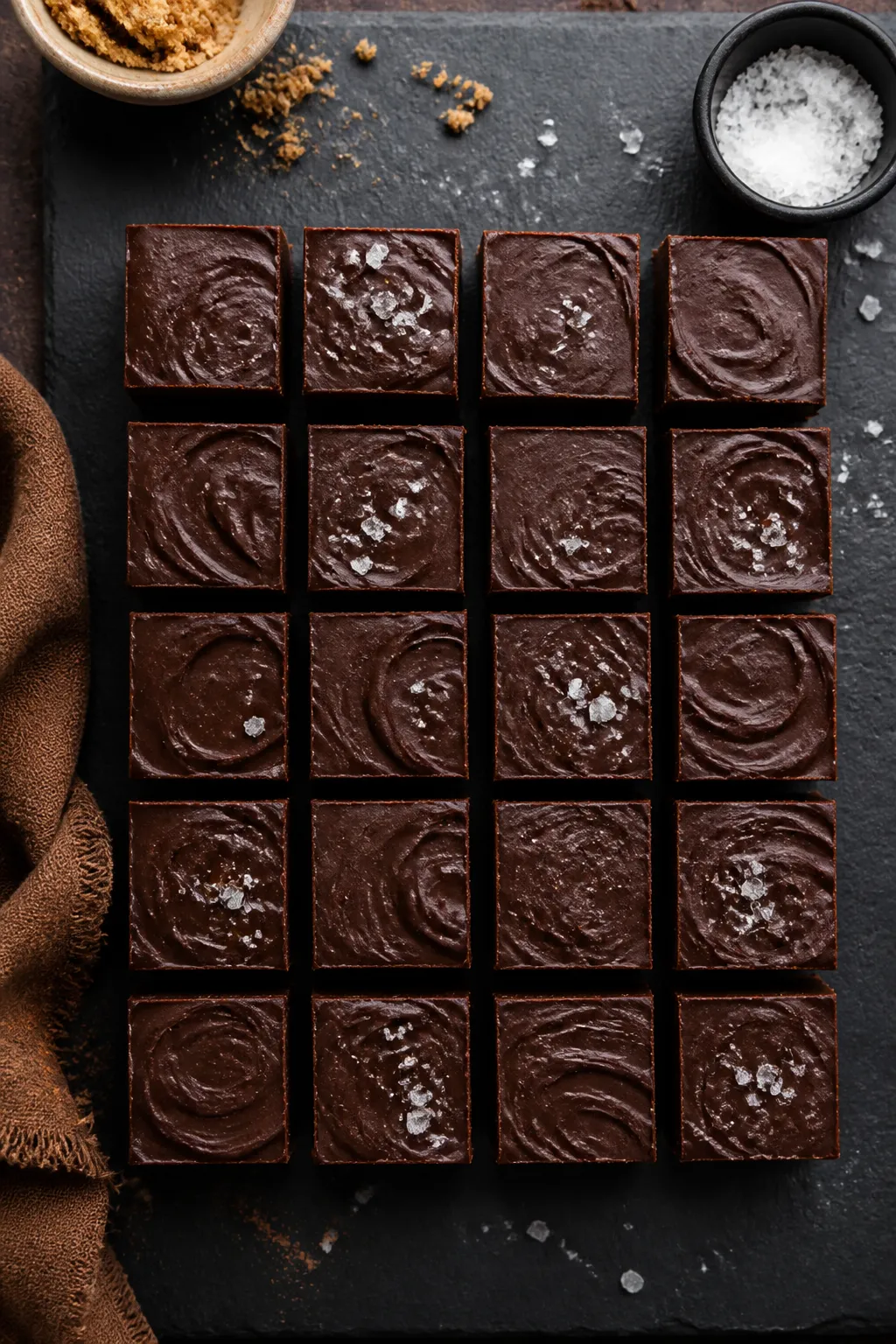 Tasty top view, final presentation: Overhead shot of neatly cut chocolate fudge squares arranged in 