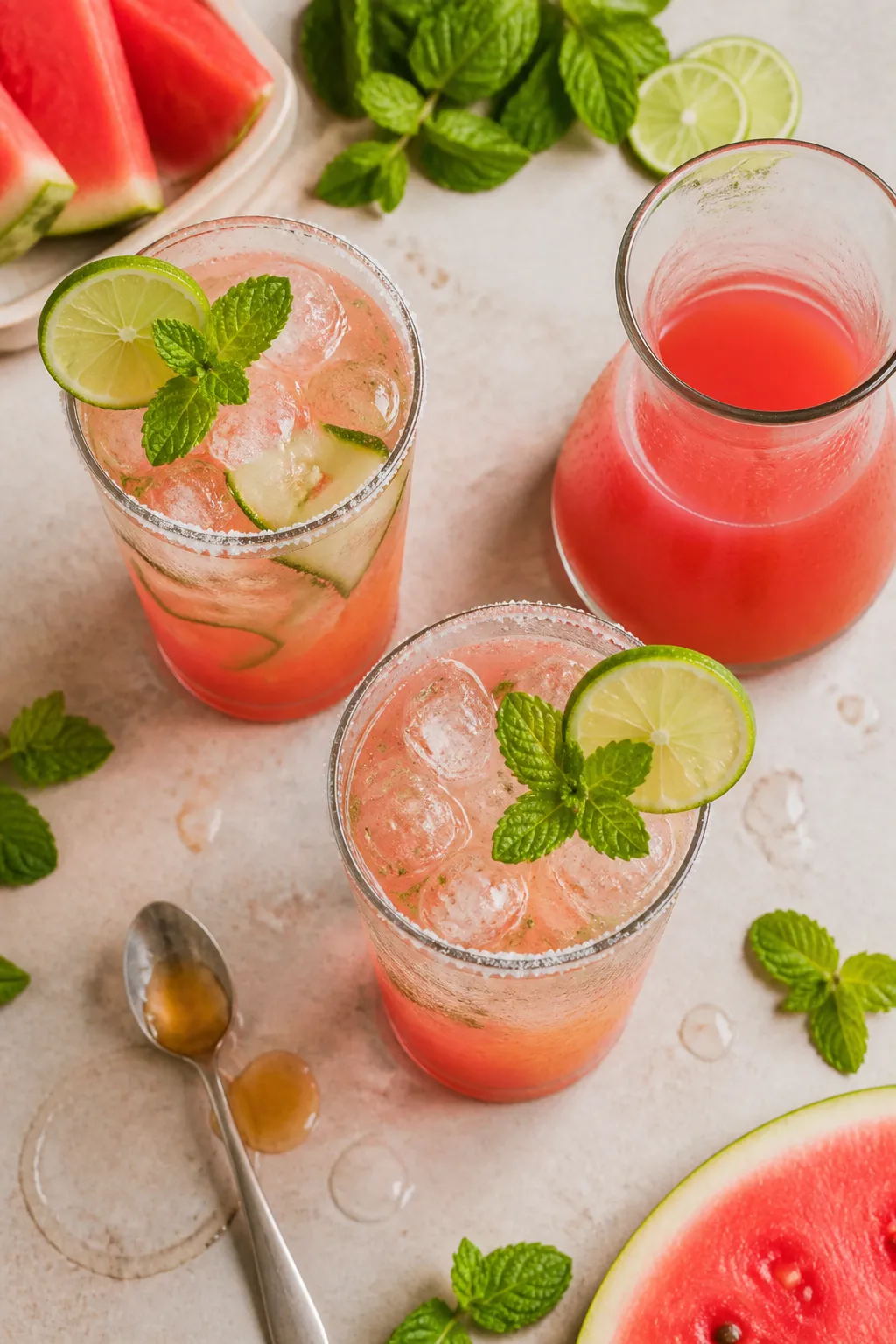 Tasty top view: Overhead shot of a styled serving scene featuring two tall glasses of the prepared w