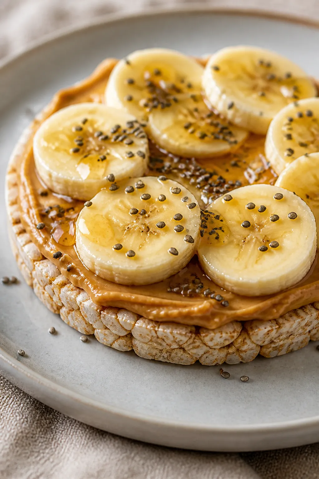 Close-up detail: A freshly assembled rice cake peanut butter snack with creamy peanut butter spread 