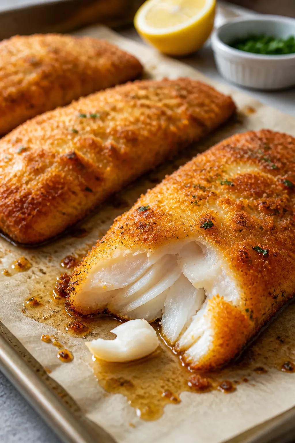 Close-up detail and cooking process: Golden Parmesan-crusted cod fillets on a parchment-lined sheet 
