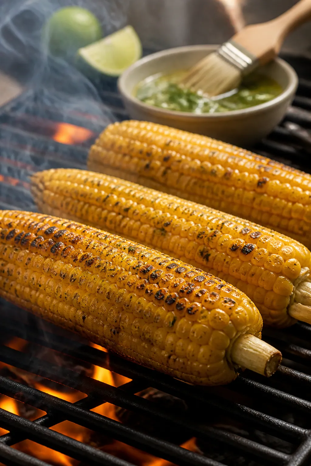 Close-up detail and cooking process: Grilled corn on the cob turning on hot grill grates, kernels bl