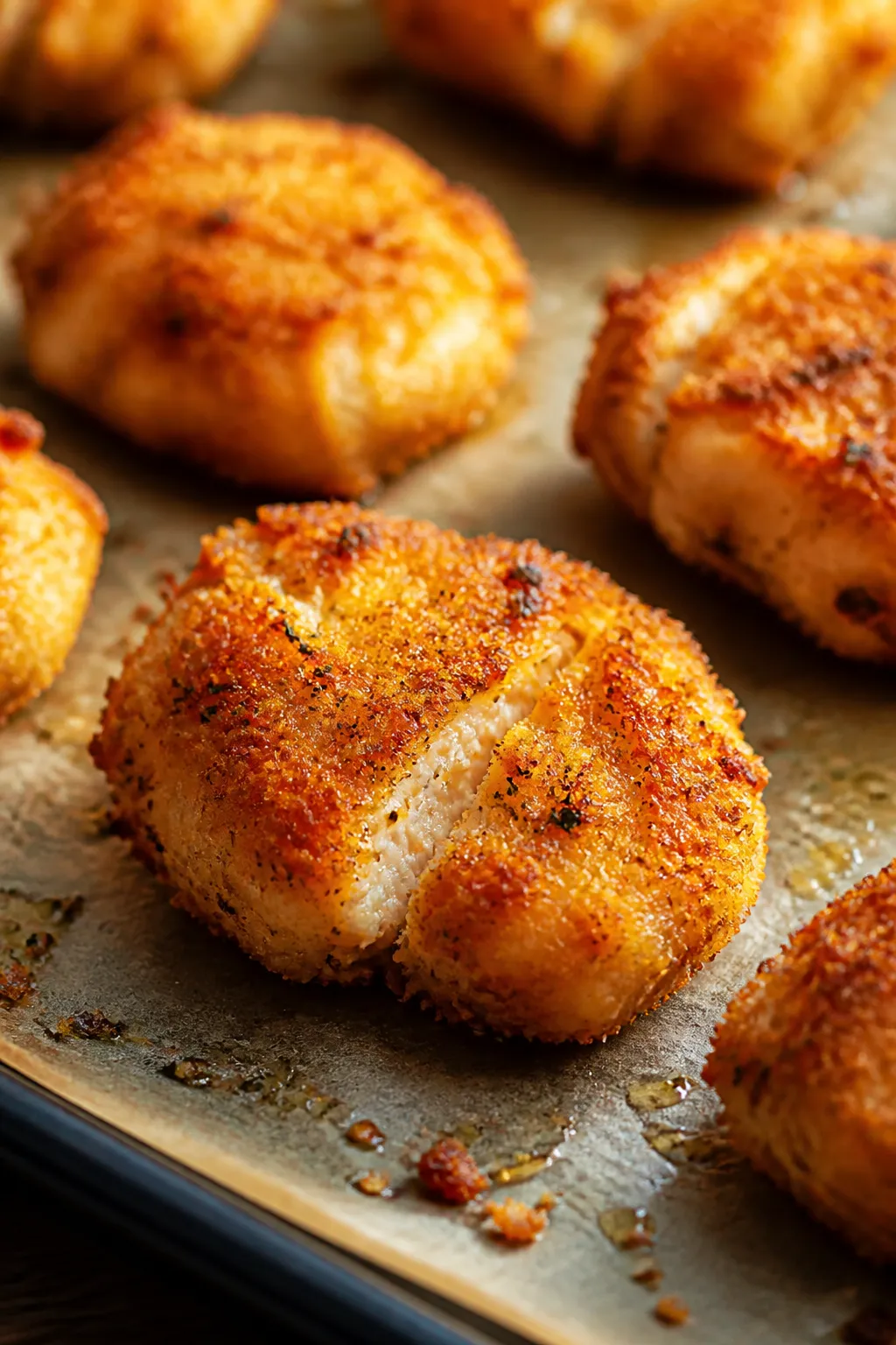 Close-up detail, cooking process: Golden baked chicken nuggets on a parchment-lined sheet pan just a