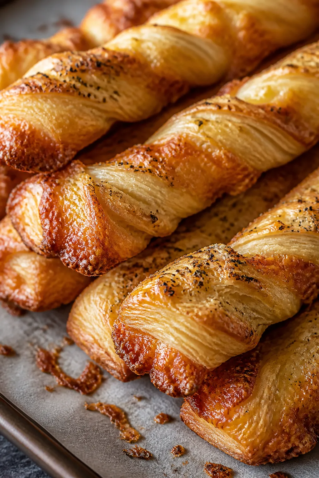 Close-up detail of freshly baked puff pastry cheese twists just out of the oven, stacked slightly ov