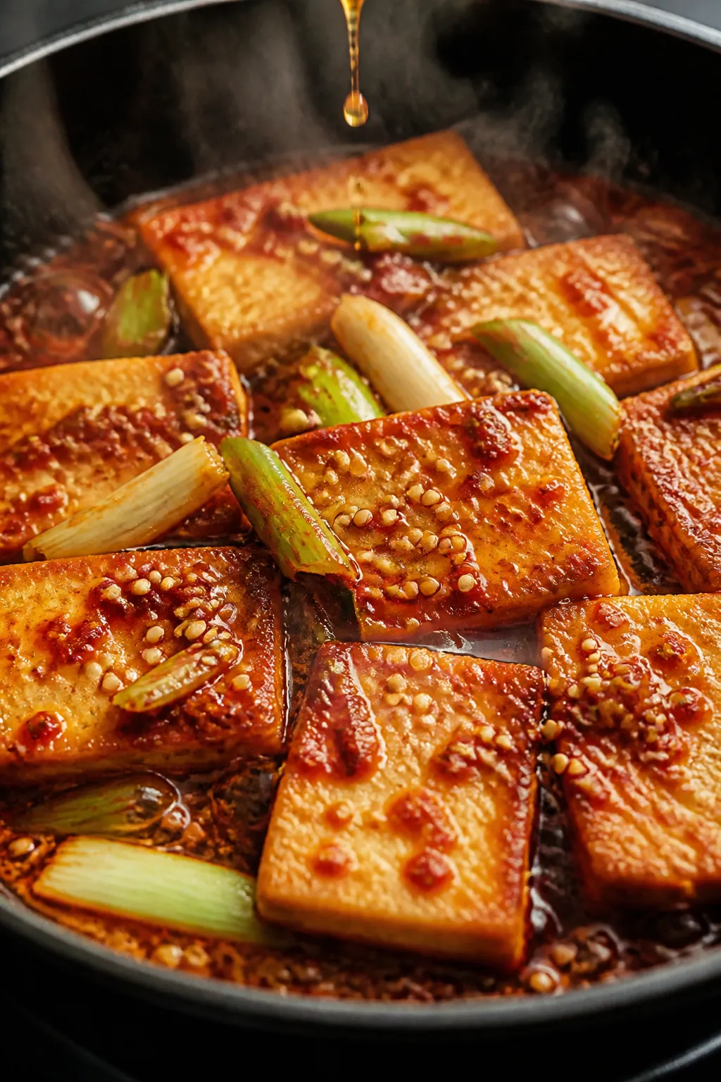 Close-up detail of Korean braised tofu (dubu jorim) mid-braise in a skillet: golden, crispy-edged 1/