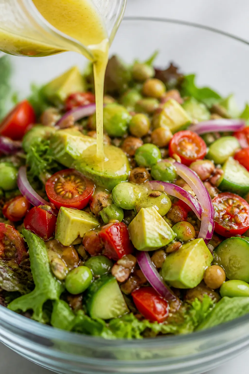 Close-up detail of the dressing being poured over an assembled salad base in a large glass mixing bo