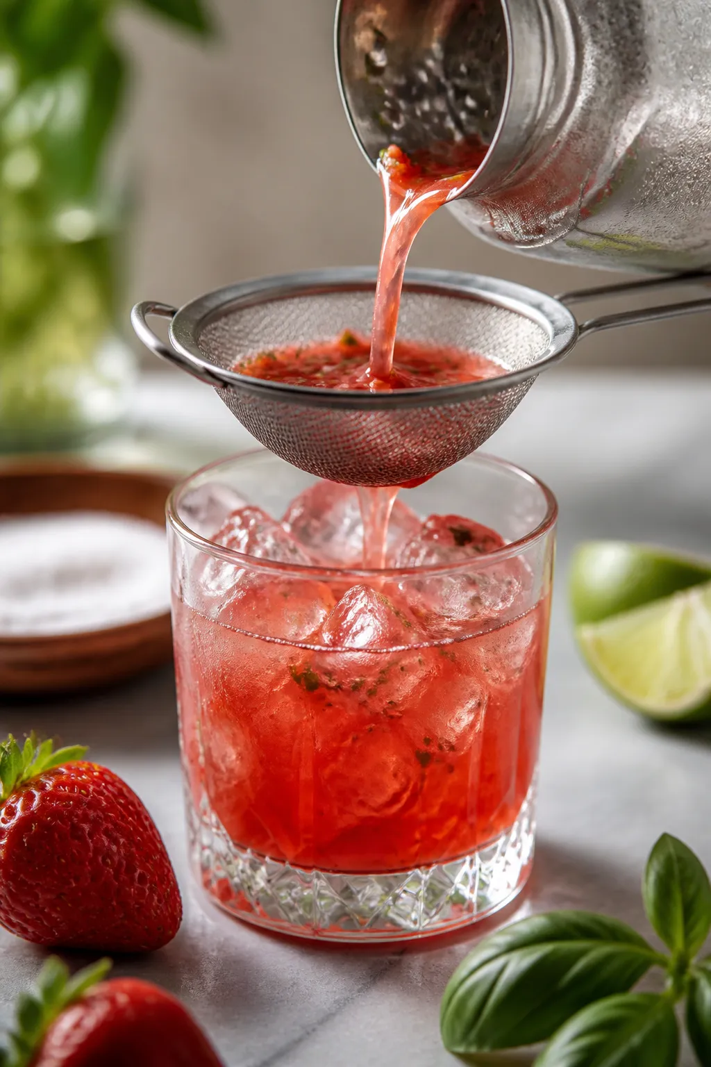 Close-up detail shot: A freshly strained strawberry basil margarita being poured from a frosty shake