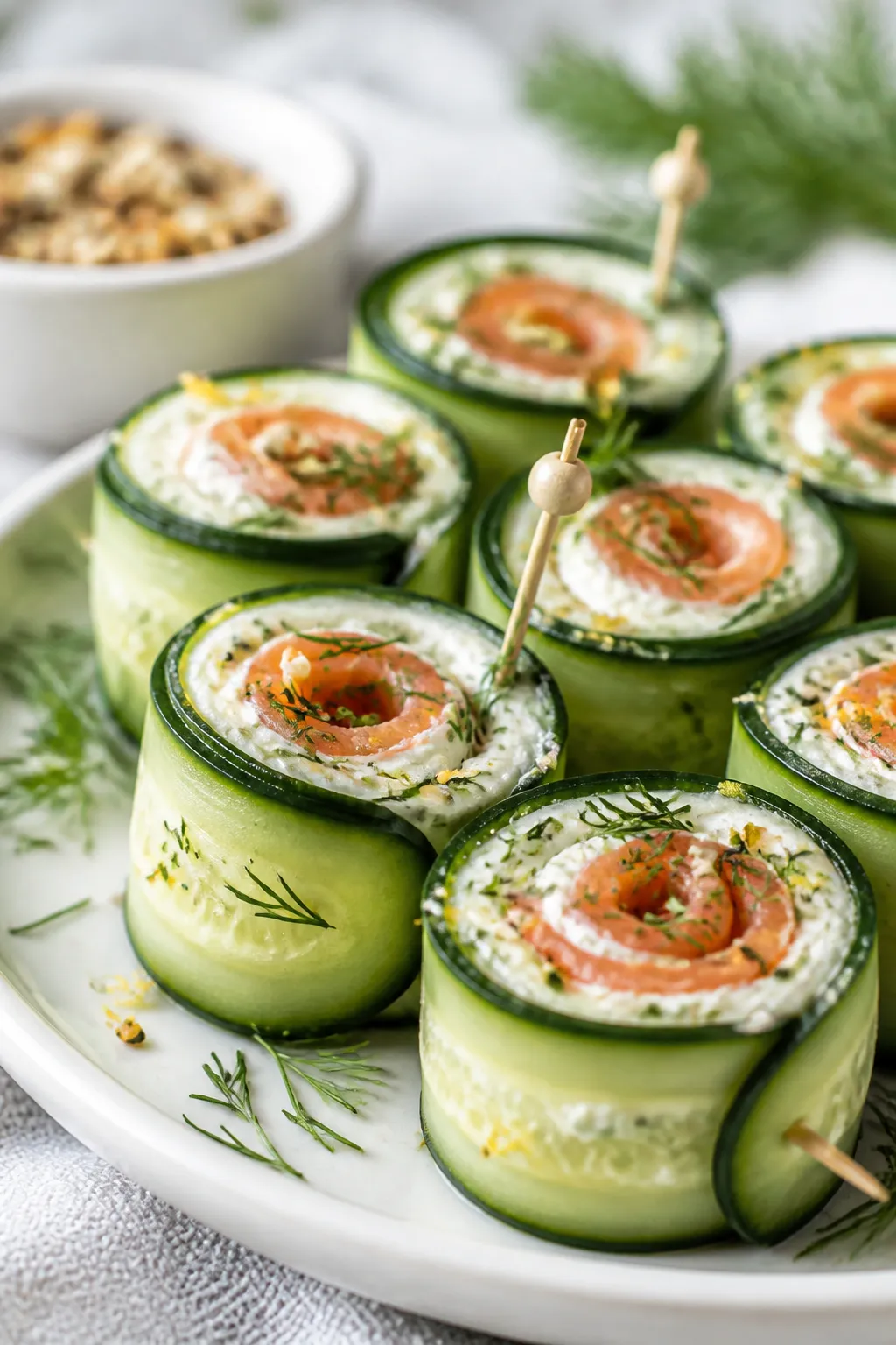Close-up detail shot of finished cucumber cream cheese rolls just after a brief chill, showing tight