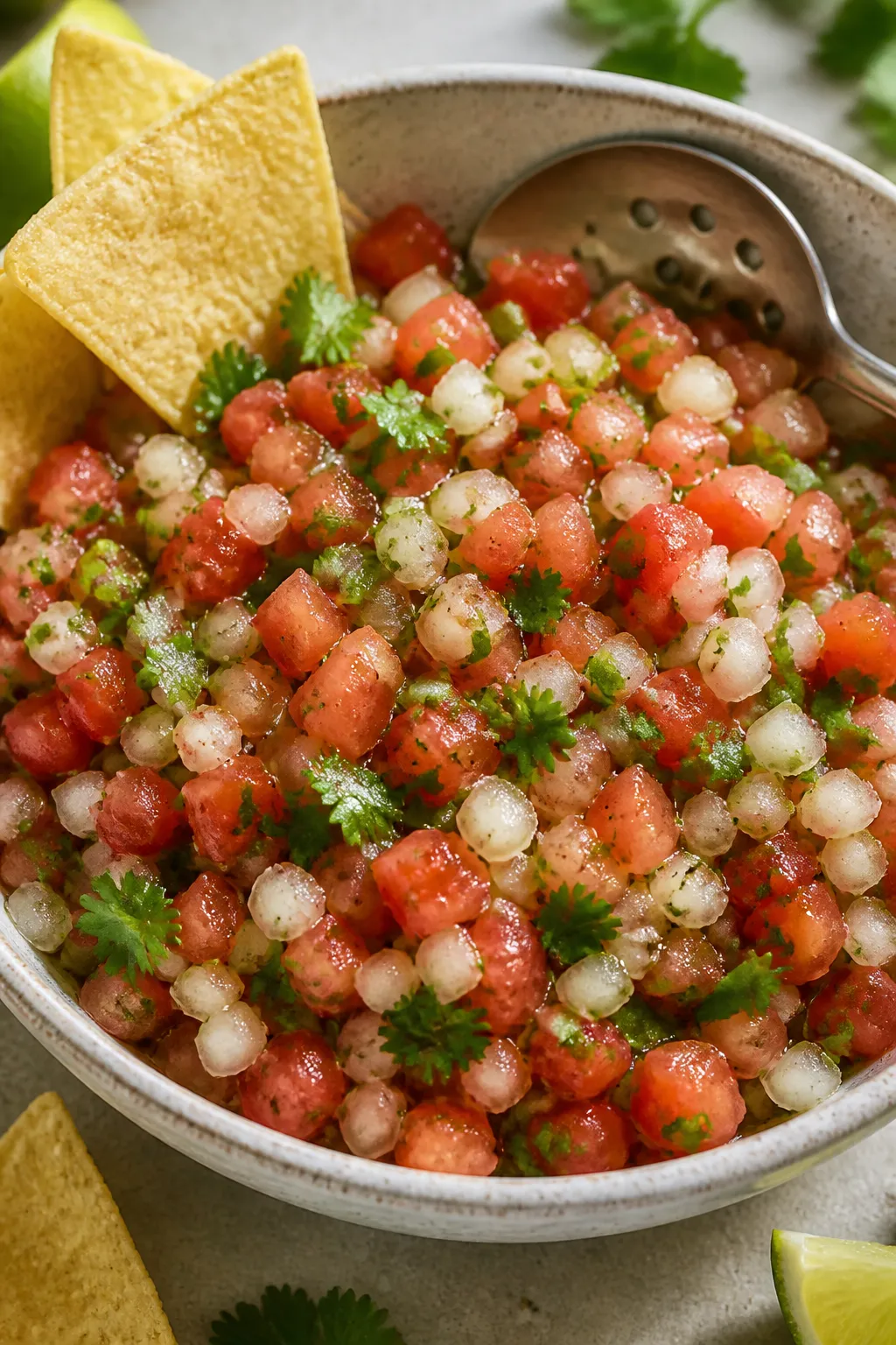 Close-up detail shot of finished pico de gallo in a ceramic bowl: finely diced ripe Roma tomato, cri