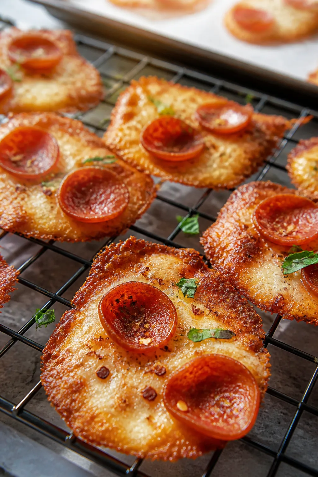 Close-up detail shot of freshly baked sugar-free pizza chips cooling on a wire rack: crisp, lacy moz