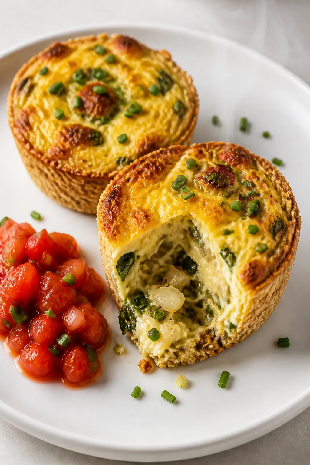 Close-up plated presentation of two breakfast pies on a matte white plate, one cut open to show the 