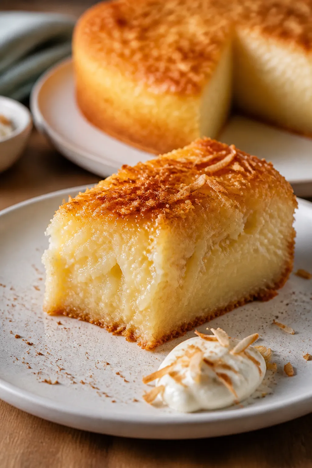 Close-up plated slice of Brazilian Coconut Custard Cake showing the silky, custard-like center and d