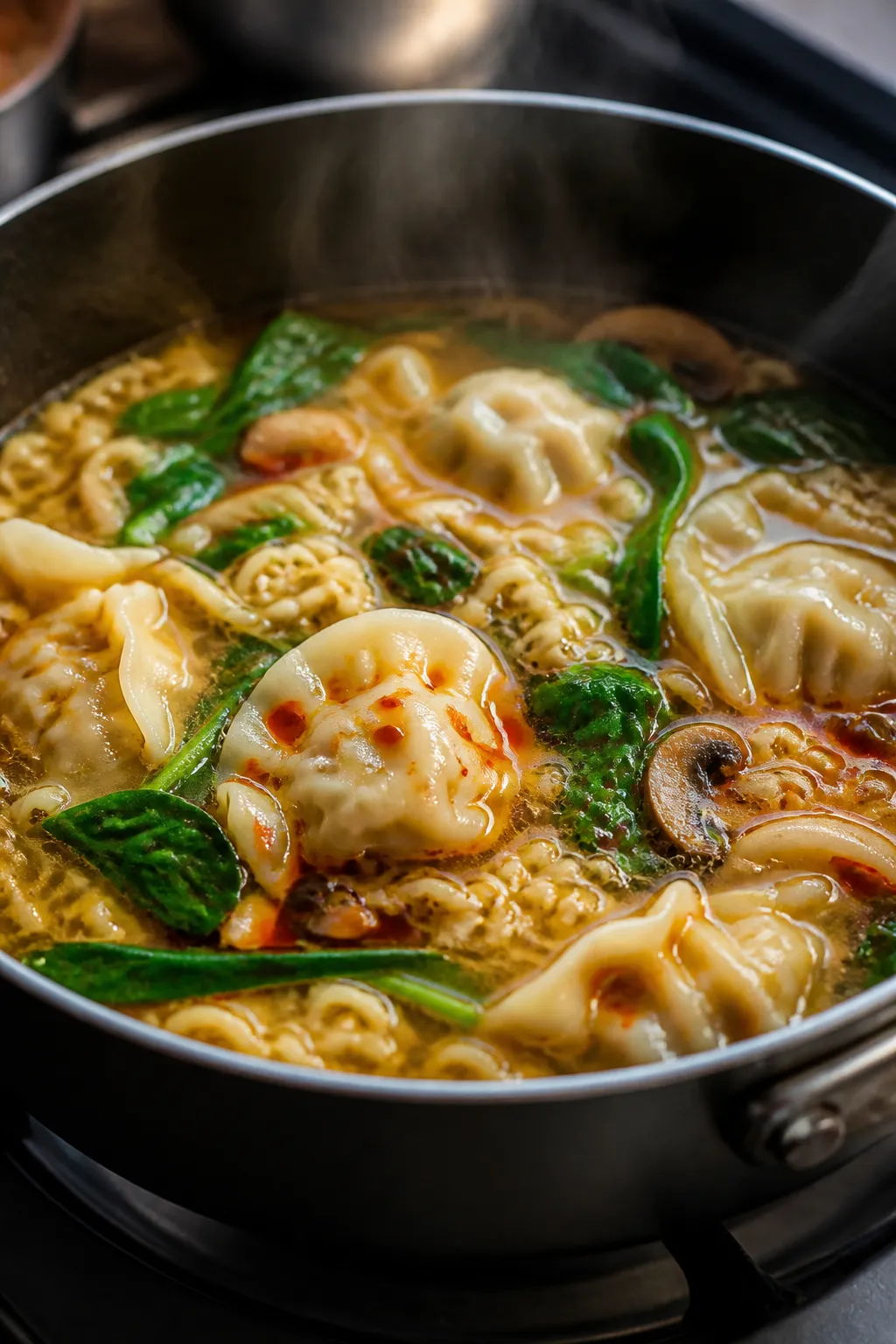 Cooking process close-up: A medium pot at a gentle simmer with plump cooked dumplings floating among