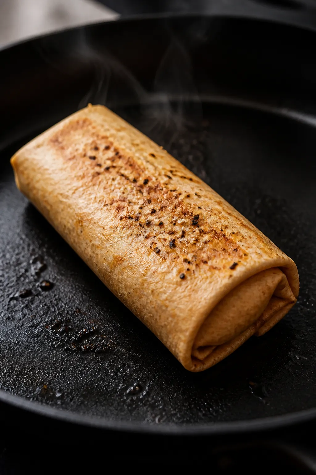 Cooking process close-up: A warm whole-grain tortilla in a skillet, seam-side down, toasting to a li