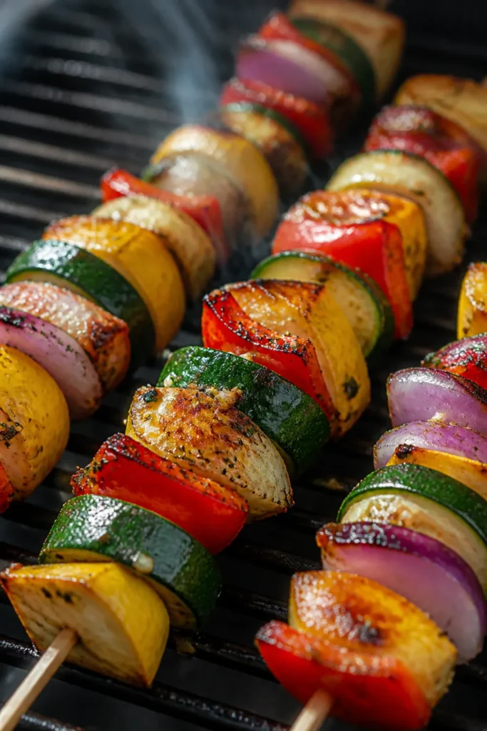 Cooking process, close-up detail: Close-up of grilled zucchini and yellow squash kabobs sizzling ove