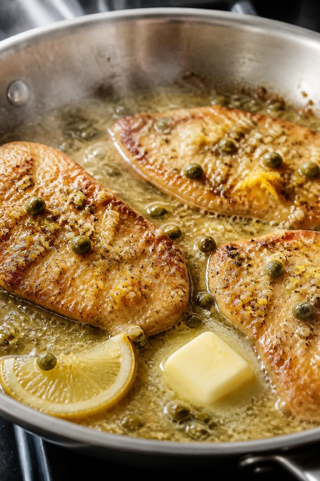 Cooking process, close-up detail: Golden-brown chicken piccata cutlets sizzling in a stainless-steel
