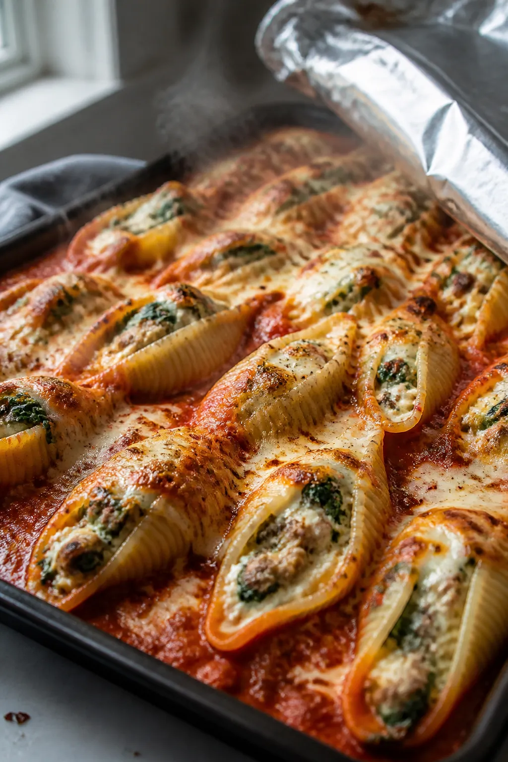 Cooking process close-up: Golden-bubbly stuffed jumbo shells just uncovered in the oven at 375°F, e